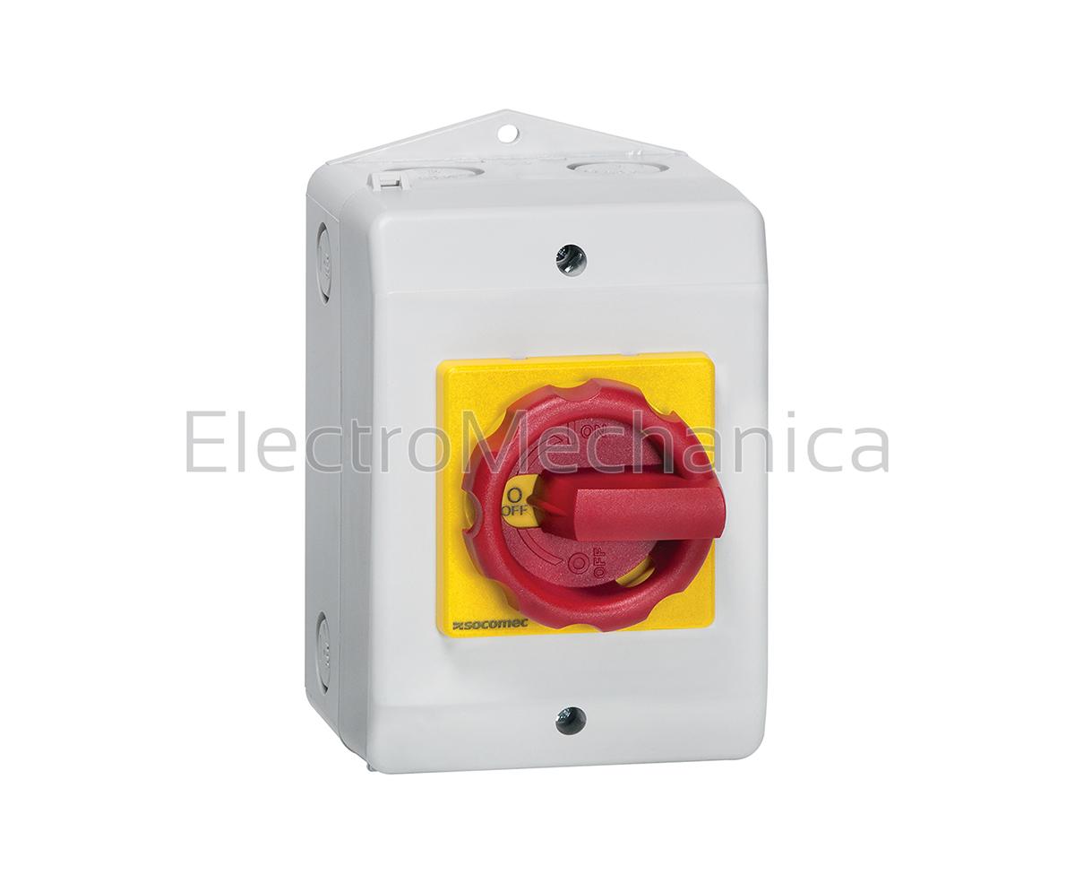 2115 3406 63A 3P ENCLOSED LOAD BREAK SWITCH EM - ENCLOSED ISOLATOR SWITCHES (MANUALLY OPERATED) SOCOMEC COMO SERIES ENCLOSED ISOLATORS ARE SUPPLIED IN ROBUST, HEAVY DUTY ABS ENCLOSURES..FEATURES:. INTEGRATED PROTECTED EARTH POLE (IP65) ENCLOSED ISOLATORS ARE SUPPLIED IN ROBUST, HEAVY DUTY ABS ENCLOSURES RED/YELLOW HANDLE, INTERLOCKED WITH COVER IN ON POSITION, PADLOCKABLE IN OFF POSITION .SERIES COMO SERIES .AC-23A ? 400V 63A .AC-23A ? 500V 22.0KW .NUMBER OF POLES 3 .DESCRIPTION COMO ENCLOSED LOAD-BREAK SWITCH .ENCLOSURE ABS POLYCARBONATE .PROTECTION INDEX IP IP65 .DIMENSIONS (MM) (H) 152 X (W) 100 X (D) 81 . 63A 4P ENCLOSED LOAD BREAK SWITCH